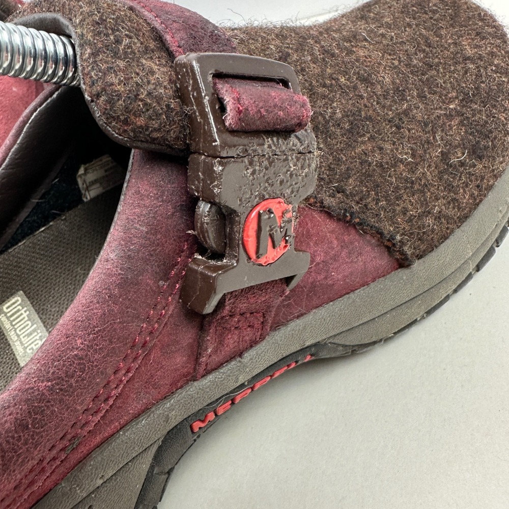 Merrell Encore Groove Wool Suede Clogs Brown Burgundy Buckle Slip On Mules Sz 7 - Picture 5 of 10